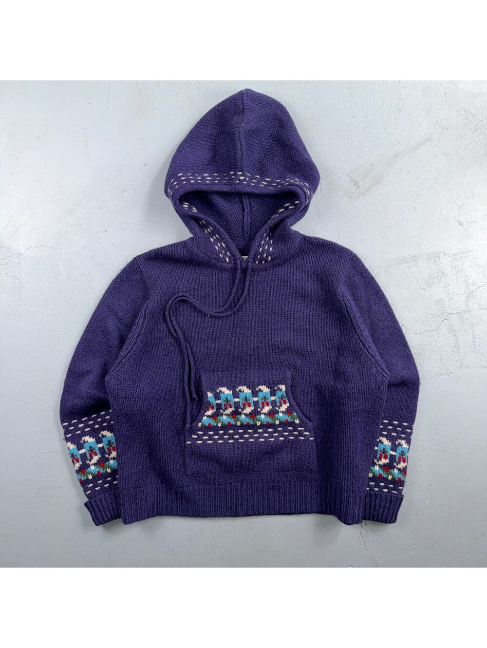 VTG 80s Field Gear Wool Hooded Sweater L Purple Patterned Pocket Fair Isle